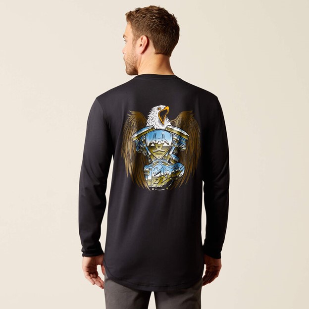 **SALE** LIMITED SIZES AND QUANTITIES LEFT!! Ariat Rebar Workman Chrome Moto Eagle L/S Shirt - Black