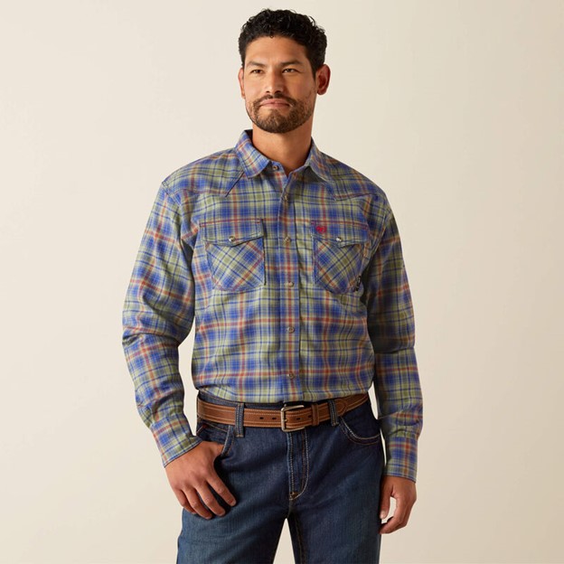 *SALE* LIMITED SIZES & QUANTITIES LEFT!!  Ariat FR Snap Front Wilshire Retro Fit Work Shirt - Oil Green Plaid