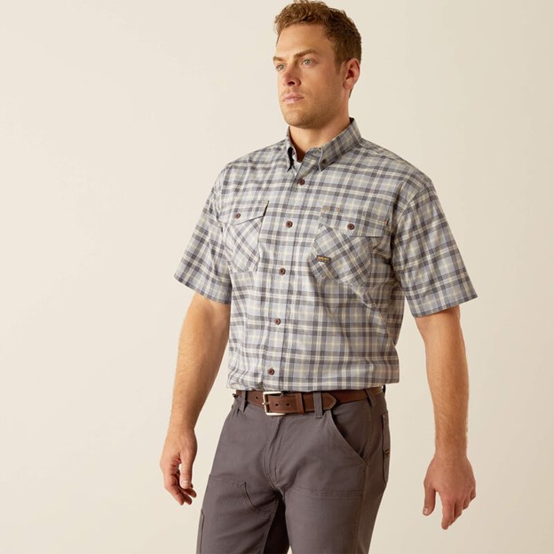 Ariat Rebar Made Tough DuraStretch Button Front S/S Shirt - Wild Dove Plaid