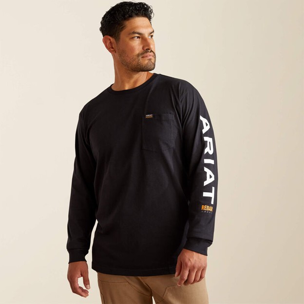 Ariat Rebar Cotton Strong Standard Logo Pocket L/S Shirt - Black/ White