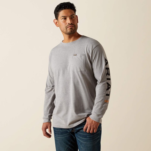 Ariat Rebar Cotton Strong Standard Logo Pocket L/S Shirt - Heather Grey/ Black