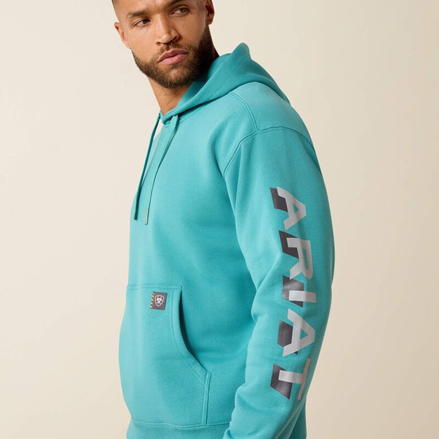 Ariat Rebar Lightweight Logo Hooded Pull-Over Sweatshirt - Teal/ Micro Chip