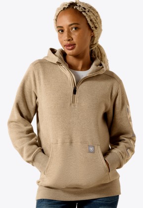 Ariat Women's Rebar Lightweight Logo 1/2 Zip Hoodie - Oatmeal Heather/ Whisper Pink