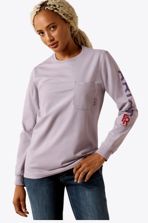 *SALE* ONLY ONE - PLUX 1X LEFT!  Ariat Women's FR Stretch Logo L/S Shirt - Purple Ash/ Mulled Grape