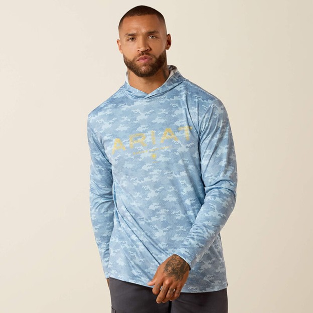 Ariat Rebar Sunblocker Printed Craft Hooded L/S Shirt - Dusty Blue