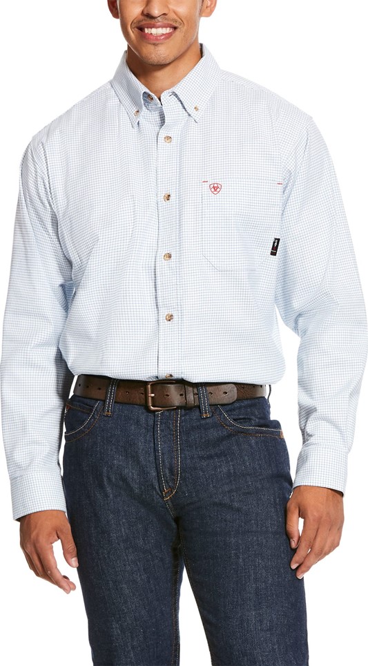Ariat FR Button Front Twill DuraStretchâ„¢ Work Shirt - White/Gray Plaid