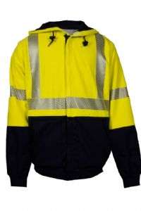 NSA DRIFIREÂ® FR HI-VIS Class 3 TECGENÂ® Midweight Waffle-Lined Deluxe Hybrid Hooded Zip-Front Sweatshirt - Hi-Vis Yellow/ Navy