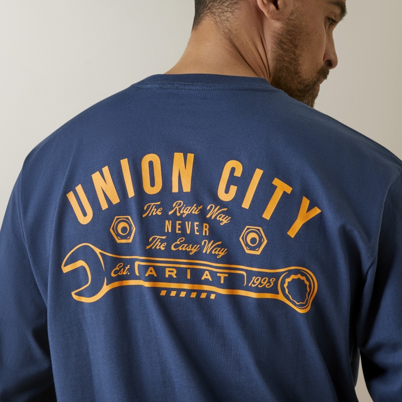 Ariat Rebar Cotton Strong™ Union City Crewneck L/S Shirt - Blue Wing Teal