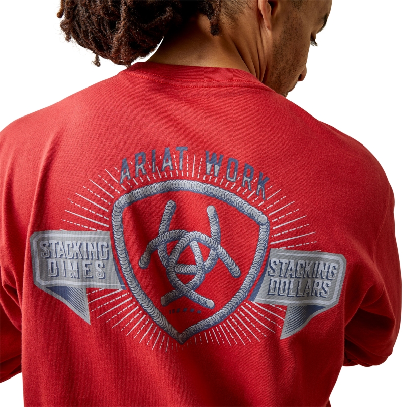 Ariat Rebar Cotton Strongâ„¢ Stacking Dimes Crewneck L/S Shirt - Pompeian Red
