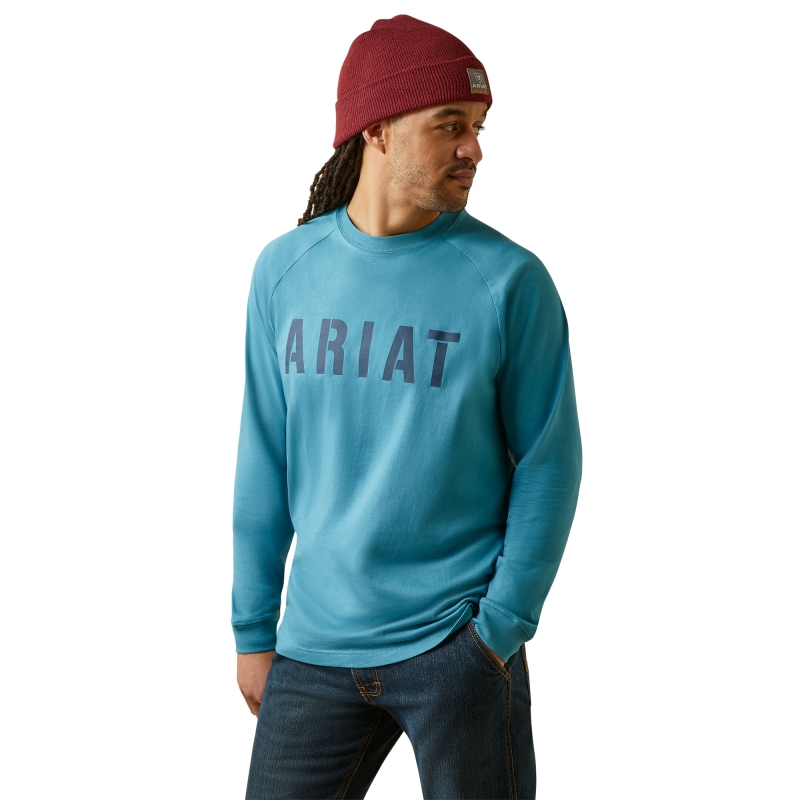 Ariat Rebar Cotton Strong™ Block Logo Crewneck L/S Shirt - Storm Blue / Indian Teal