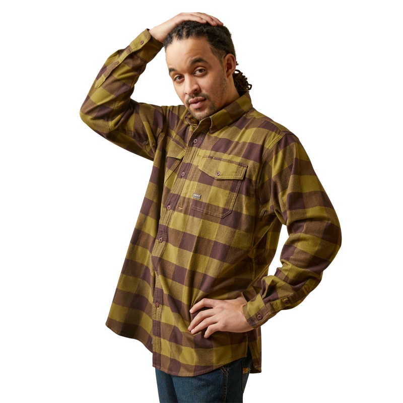 Ariat Rebar Flannel Durastretchâ„¢ Button Front L/S Work Shirt - Avocado Plaid