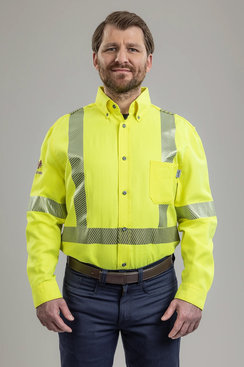 NSA DRIFIRE® FR HI-VIS Class 3 Dual Hazard Button Front L/S  Work Shirt - Hi-Vis Yellow