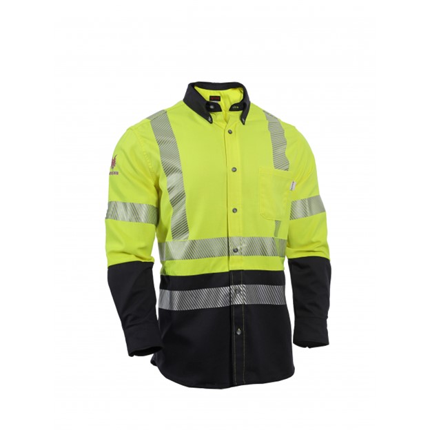 NSA DriFire FR HI-VIS Class 3 Dual Hazard Hybrid Color Block Button Front L/S Work Shirt - Hi-Vis Yellow/Navy