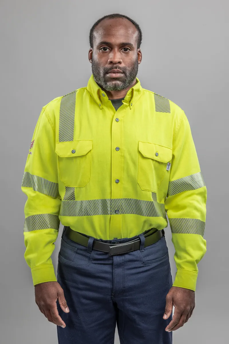 NSA DRIFIRE® FR Premium Vented HI-VIS Class 3 Dual Hazard Button Front L/S Work Shirt - Hi-Vis Yellow