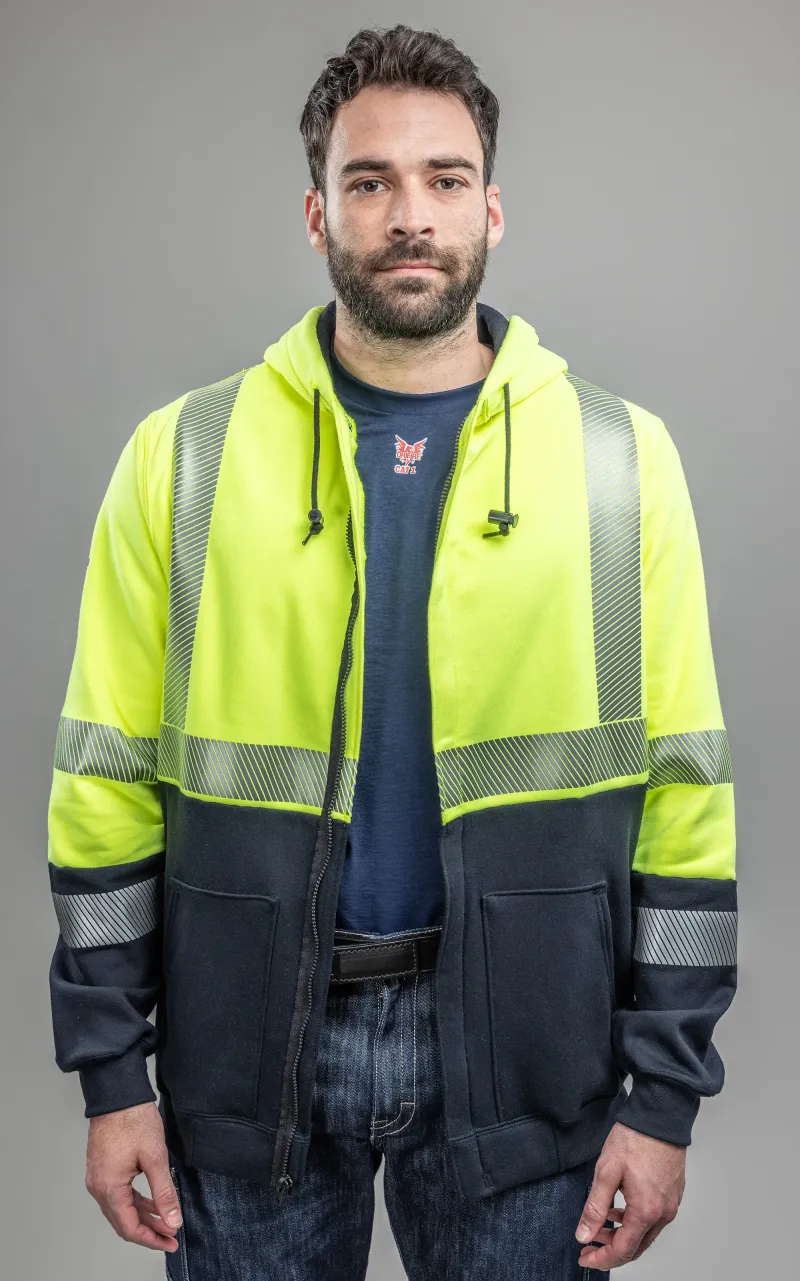 NSA DRIFIRE® FR HI-VIS Class 3 Midweight Hybrid Color Block Hooded Zip-Front Sweatshirt - Hi-Vis Yellow/ Navy