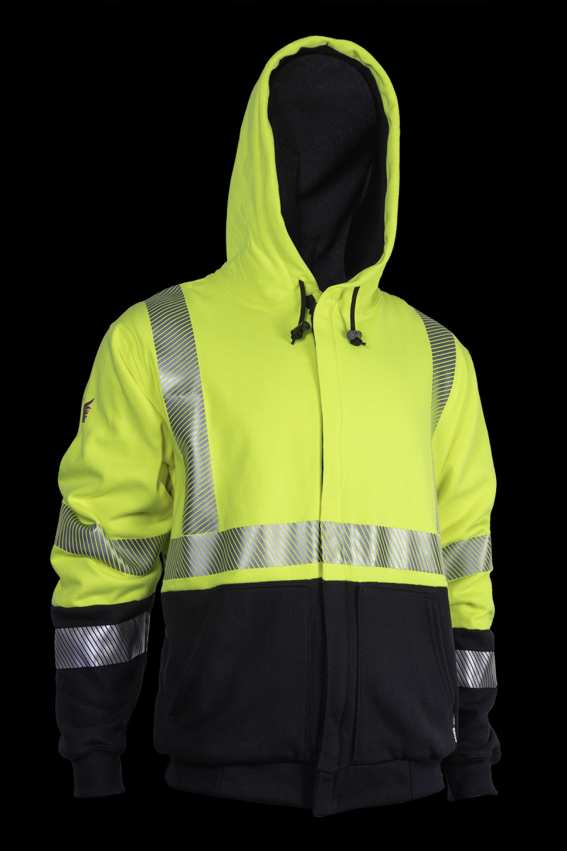 NSA DRIFIRE® FR HI-VIS Class 3 TECGEN® Midweight Waffle-Lined Deluxe Hybrid Hooded Zip-Front Sweatshirt - Hi-Vis Yellow/ Navy