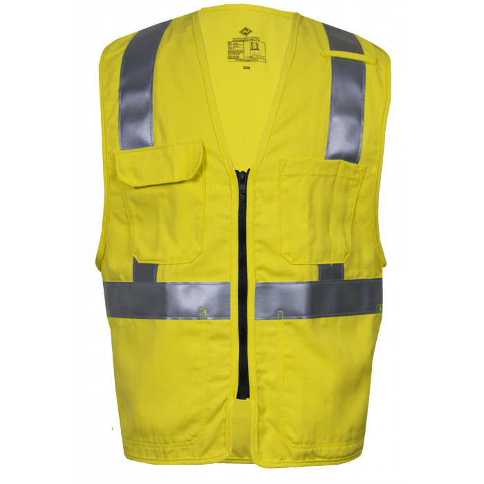 NSA DRIFIREÂ® FR HI-VIS Class 2 Dual Hazard Deluxe Zipper-Closure Safety Vest with Pockets - HI VIS Yellow
